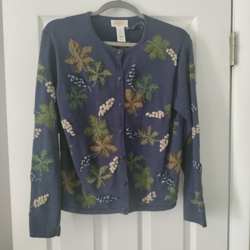 Talbots Blue Fall Leaf Embroidered Cardigan Size: M